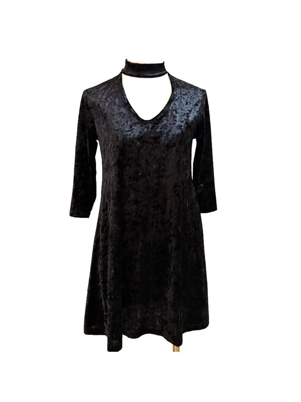 Vintage 90s Crushed Velvet Choker Dress Size S Black Party Witchy Whimsigoth